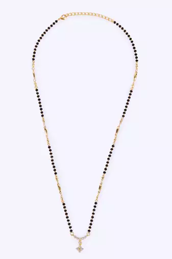 Traditional lovely cz studded flower design gold plated black beaded adjustable chain mangalsutra for women