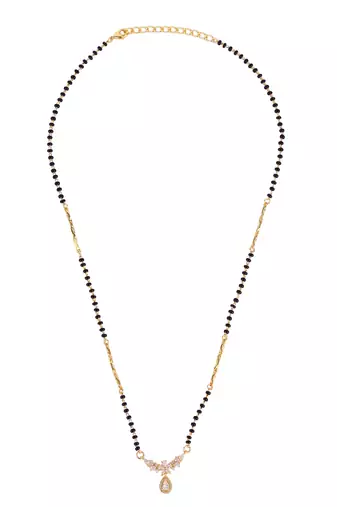 Traditional graceful oval and flower design gold plated black beaded adjustable chain mangalsutra for women