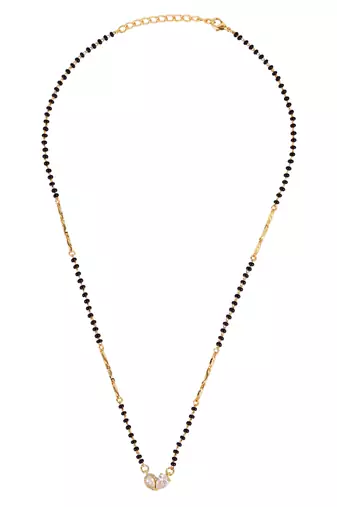 Traditional modern cz studded oval shape gold plated black beaded adjustable chain mangalsutra for women