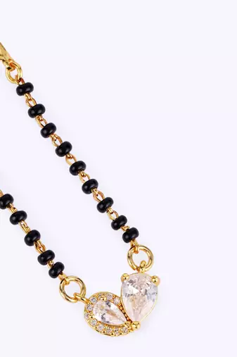 Traditional modern cz studded oval shape gold plated black beaded adjustable chain mangalsutra for women