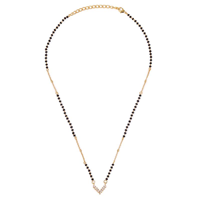 Traditional splendid "v" shape gold plated black beaded adjustable chain mangalsutra for women