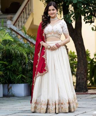 White silk blend Zari Sequins Thread Embroidery Work Wedding Lehenga Choli 1