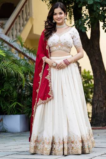 White Silk Zari Sequins Thread Embroidery Work Wedding Lehenga Choli