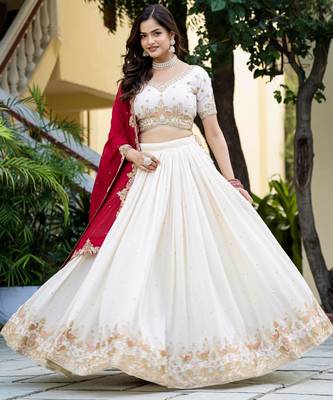 White silk blend Zari Sequins Thread Embroidery Work Wedding Lehenga Choli 2