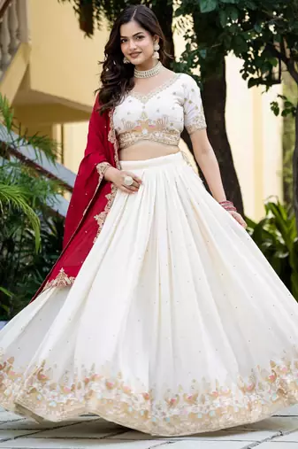 White Silk Zari Sequins Thread Embroidery Work Wedding Lehenga Choli