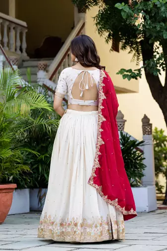 White Silk Zari Sequins Thread Embroidery Work Wedding Lehenga Choli