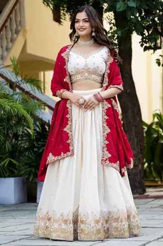 White Silk Zari Sequins Thread Embroidery Work Wedding Lehenga Choli