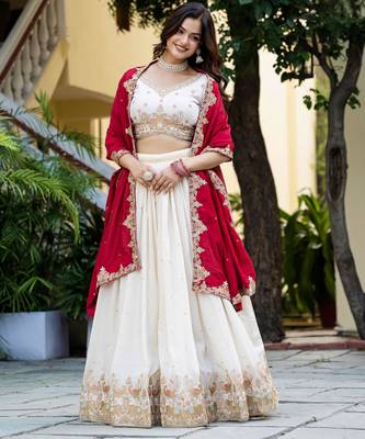 White silk blend Zari Sequins Thread Embroidery Work Wedding Lehenga Choli 5