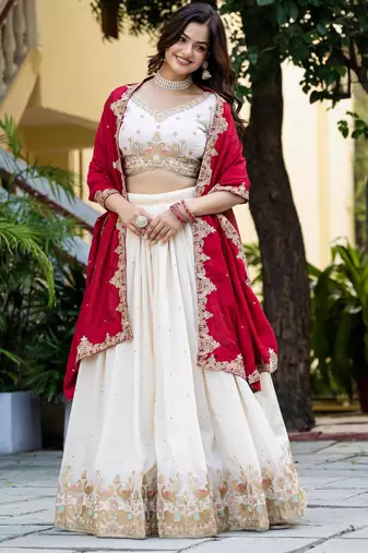 White Silk Zari Sequins Thread Embroidery Work Wedding Lehenga Choli