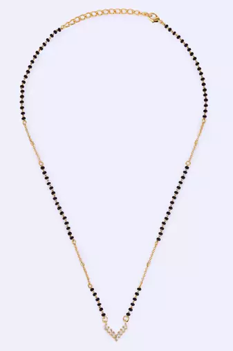 Traditional splendid "v" shape gold plated black beaded adjustable chain mangalsutra for women