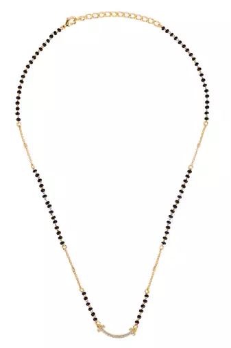 Traditional pretty cz studded gold plated black beaded adjustable chain mangalsutra for women