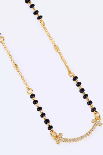 Traditional pretty cz studded gold plated black beaded adjustable chain mangalsutra for women