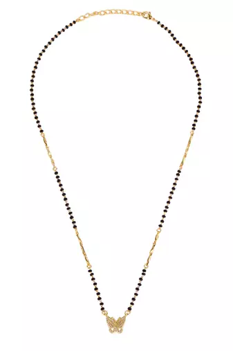 Traditional modish butterfly design gold plated black beaded adjustable chain mangalsutra for women