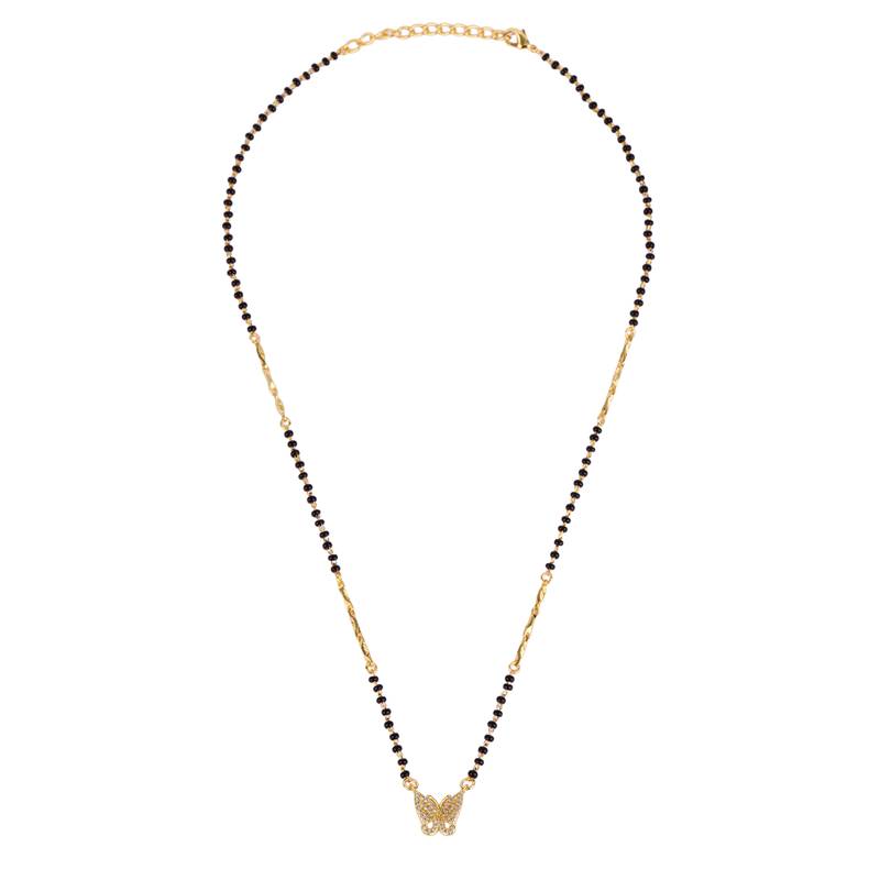 Traditional modish butterfly design gold plated black beaded adjustable chain mangalsutra for women