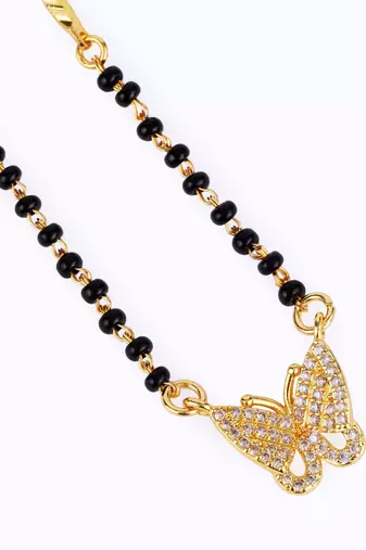 Traditional modish butterfly design gold plated black beaded adjustable chain mangalsutra for women