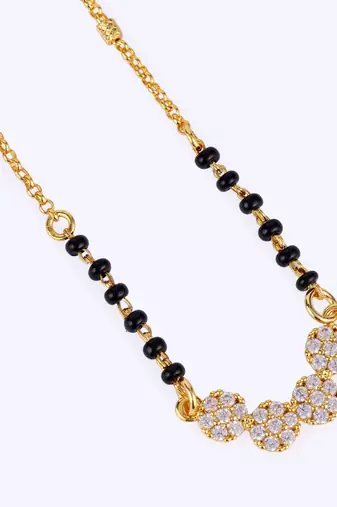 Traditional stylish cz studded round shape gold plated black beaded adjustable chain mangalsutra for women