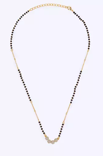 Traditional stylish cz studded round shape gold plated black beaded adjustable chain mangalsutra for women