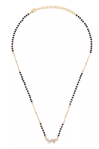 Traditional attractive round shape cz studded gold plated black beaded adjustable chain mangalsutra for women