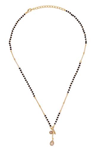 Traditional creative oval shape cz studded gold plated black beaded adjustable chain mangalsutra for women