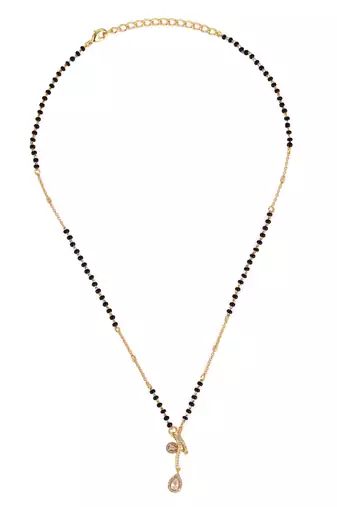 Traditional creative oval shape cz studded gold plated black beaded adjustable chain mangalsutra for women