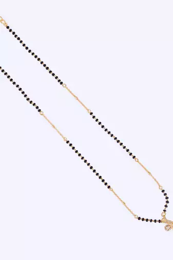 Traditional creative oval shape cz studded gold plated black beaded adjustable chain mangalsutra for women