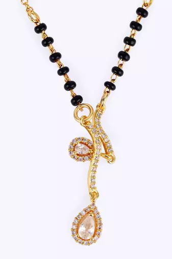 Traditional creative oval shape cz studded gold plated black beaded adjustable chain mangalsutra for women