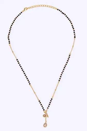 Traditional creative oval shape cz studded gold plated black beaded adjustable chain mangalsutra for women