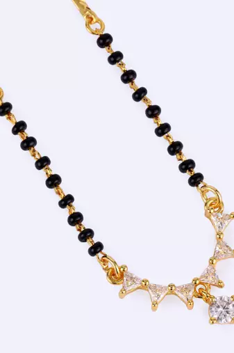 Traditional beautiful round and triangle shape gold plated black beaded adjustable chain mangalsutra for women