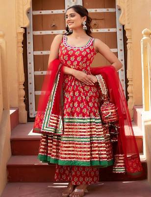 Red Floral Printed Cotton Anarkali Set 1