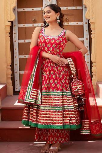 Red Floral Printed Cotton Anarkali Set