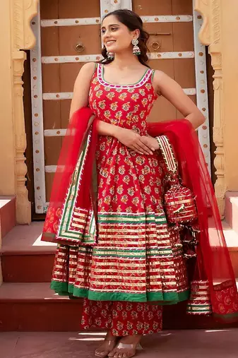Red Floral Printed Cotton Anarkali Set