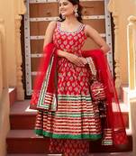 Red Floral Printed Cotton Anarkali Set
