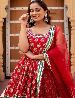 Red Floral Printed Cotton Anarkali Set 2