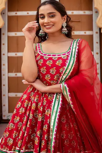 Red Floral Printed Cotton Anarkali Set