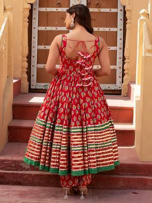 Red Floral Printed Cotton Anarkali Set 3