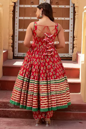 Red Floral Printed Cotton Anarkali Set