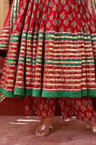 Red Floral Printed Cotton Anarkali Set