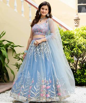 Sky Blue Net Zari Sequins Embroidery Work Lehenga Choli 1