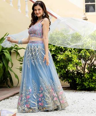 Sky Blue Net Zari Sequins Embroidery Work Lehenga Choli 2