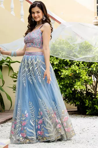 Sky Blue Net Zari Sequins Embroidery Work Lehenga Choli