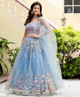 Sky Blue Net Zari Sequins Embroidery Work Lehenga Choli 3