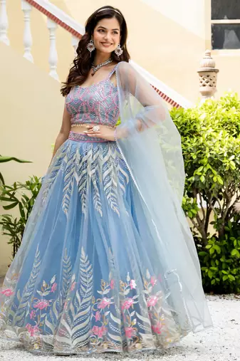 Sky Blue Net Zari Sequins Embroidery Work Lehenga Choli