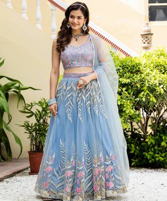 Sky Blue Net Zari Sequins Embroidery Work Lehenga Choli 5