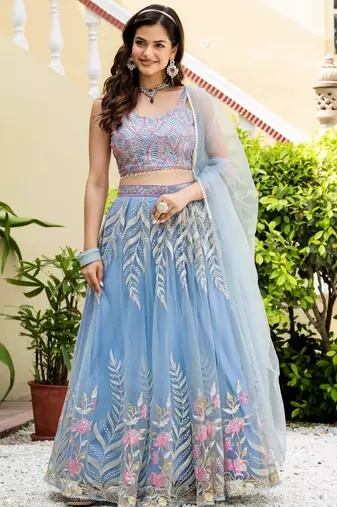 Sky Blue Net Zari Sequins Embroidery Work Lehenga Choli