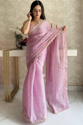 pink multi weaving Sequins jimmy chu saree with blouse piece