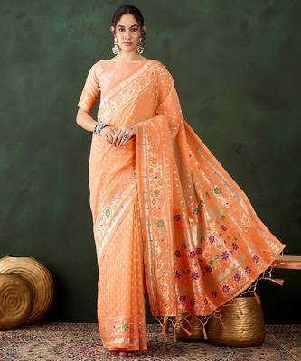 orange woven designer poly cotton saree with blouse piece 1