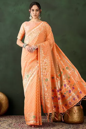 orange woven designer poly cotton saree with blouse piece