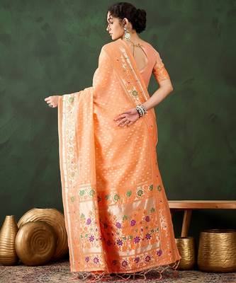 orange woven designer poly cotton saree with blouse piece 2