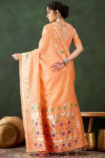 orange woven designer poly cotton saree with blouse piece