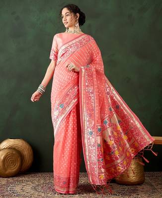 peach woven designer poly cotton saree with blouse piece 1